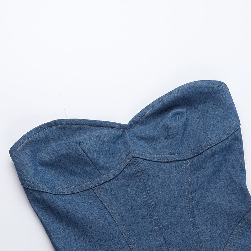 Women's Y2K Backless Tube Denim Dress – Slim Fit Summer Casual Mini Dress with Strapless Design
